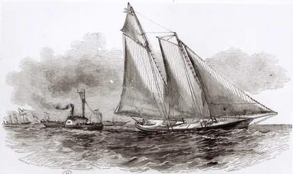 Yacht America tok ledelsen i 1851 Cowes Regatta, fra Le Monde Illustre, 1851