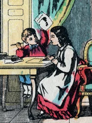 Aktivitetene for jenter fra gode familier: hjelpe en lillebror med leksene hans - Epinalt bilde - 1800-tallet (gravering)