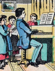 Aktivitetene for jenter fra gode familier: læring av musikk - Epinalt bilde - 1800-tallet (gravering)