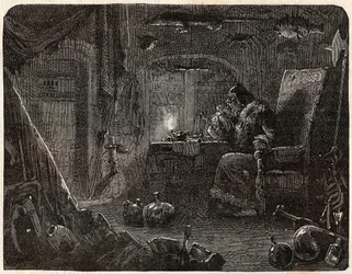 Alkymisten, etter å ha lovet å lage gull, jobber i laboratoriet sitt: Alkymisten på 1600-tallet - i "Paris a travers les cules"" av Nicolas Jules Henri Gourdon de Kennouillac (1826-1898)