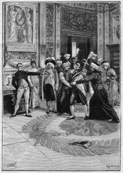 Arrestasjonen av greven av Neipperg (1775-1829) etter ordre fra Napoleon 1. (1769-1821). Illustrasjon av "Madame Sans Gene" av Victorien Sardou (1831-1908) og Emile Moreau (1852-1922). Gravering i «La gazette du dimanche»» av 21. november 1895.