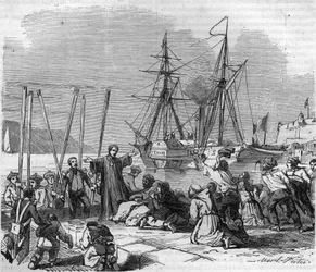 The arrival of Pope Pius IX (Pius IX or Pio IX), whose name was Giovanni Maria Mastai Ferretti (1792-1878) in Civita Vecchia (Civita-Vecchia) on the Tenare River. Engraving in “Histoire des Papes-Rois-Queen and Empereurs a travers les centuries”” by Mauric