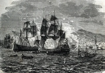 Bombardementet av Alger i august 1682 av Abraham Duquesne - (gravering) 1864