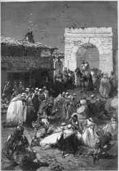 Caidene og djemmaene fra sirkelen av Saida i Algerie bringer til det arabiske kontoret sine gaver beregnet på å forløse de franske avdelingene okkupert av Tyskland siden slutten av krigen i 1870. Gravering i "" Le Monde Illustré"" n°784 av 20 april 1872.