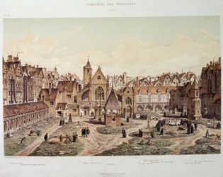 De uskyldiges kirke og kirkegård i 1550 - i "Paris a travers les ages", sent på 1800-tallet.