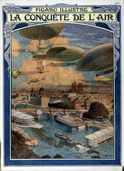 Luftens erobring: luftskip, ballong og varmluftsballong over Paris - omslag i Figaro Illustrated fra februar 1909