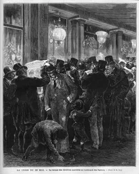 Krisen 16. mai 1877: les de siste nyhetene på boulevard des Italians i Paris. Denne franske politiske krisen er et resultat av brevet fra Mac Mahon (Mac-Mahon) som kritiserer holdningen til rådspresident Jules Simon som til slutt vil gjenoppta