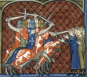 Korstoget mot albigenserne, c1325-c1350. Soldater på hesteryggen som bruker sverd angriper en gruppe albigensere. Pave Innocent III forkynte en hellig krig mot de albigensiske kristne, da han fryktet spredningen av deres tro. I 1209 beordret han