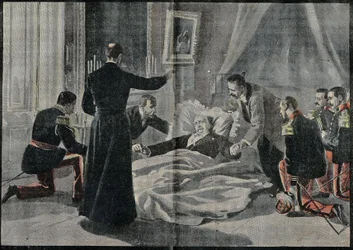 Dødsfallet til Felix Faure (1841-1899), president i Frankrike, Abbe Renault ga ham syndsforlatelsen. Gravering i "" Le Pelerin"" 26/02/1899.