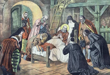 Den hellige Frans av Sales døde 18. desember 1622 i Lyon, omgitt av troende. «Le pelerin» fra 31.12.1922 (trykk)