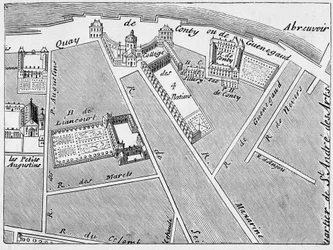 Området rundt Collège des Quatre-Nations (De fire nasjoner) og Hôtel de Conti, faksimile av planen til J. de la Caille