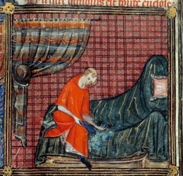 Drømmen, detalj: The Lover kjoler. Miniatyr i "" Roman de la rose"" av Jean de Meun, Jean de Meung eller Jean Chopinel, Jean Clopinel (v.1240-1305), ca. 1370. Chantilly, Musee Conde
