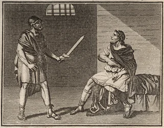 Den eminente generalen Marius, på flukt fra Sulla, blir tatt til fange ved Minturnae, men ingen tør drepe ham, ikke engang en fremmed slave.