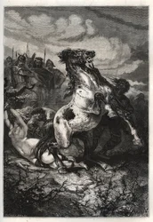 The execution of Brunhilda of Austrasia by Chlothar II, 613 - The death of queen Brunhilda of Austrasia, a Visigothic princess, married to king Sigebert I of Austrasia - Mort de Brunehaut (or Brunehilde) ordered by Clotaire (Clothaire) II (613). engraving 