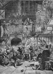 Dårenes fest (eller de uskyldiges fest) som fant sted frem til 1600-tallet skulle feire eselet som brakte Jesus til Jerusalem, det var anledningen til galskap av alle slag. Gravering i «Prostitusjonens og utskeielsens historie