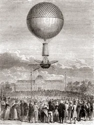 Den første vellykkede ballongflyvningen til Jean-Pierre François Blanchard 2. mars 1784, i en hydrogengassballong skutt opp fra Champ de Mars, Paris, Frankrike, fra Les Merveilles de la Science, publisert ca. 1870 (gravering)