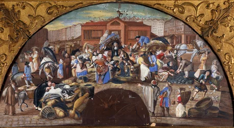 Fiskeauksjonen i Halles i Paris Scene walking. Dekor for arrangementet til den franske skolen. Paris fra 1600-tallet, Musee Carnavalet