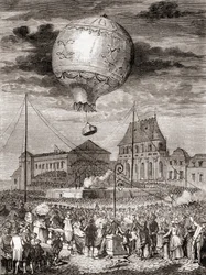 Flyturen til Aérostat Réveillon den 19. september 1783 av Montgolfier-brødrene i Versailles, Frankrike, før kong Louis XVI av Frankrike og dronning Marie Antoinette, fra Les Merveilles de la Science, publisert ca. 1870 (gravering)
