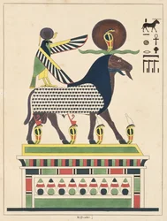 Guden Amon-Ra, illustrasjon fra Egyptian Pantheon: samling av mytologiske karakterer fra det gamle Egypt av Jean-Francois Champollion, utgitt ca. 1986
