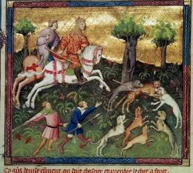 Jakten på villkatt Miniatyr hentet fra "" The book of hunting"" av Gaston III Phoebus, greve av Foix, Lord of Bearn (1331-1391)