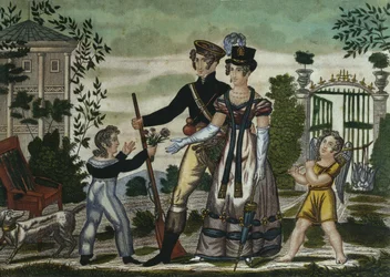 Jegerne kommer tilbake, plate 4, tidlig på 1800-tallet (fargegravering)