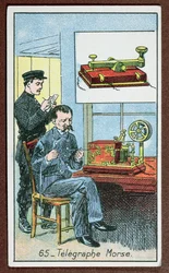 Oppfinnelsen av telegrafi med morsekode, nummer 65 i en serie kort som viser store oppfinnelser, ca. 1910