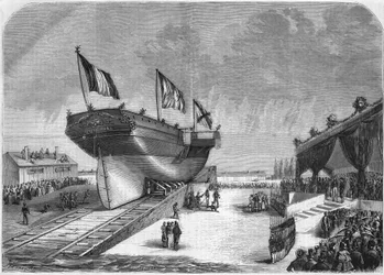 Lanseringen av rutebåten Quirinal ved La Seyne i 1857 (Compagnie des Messageries Maritimes). Gravering fra 1857.