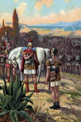 Møtet mellom Julius Caesar (100-44 f.Kr.) og King Pharnace II-broen (97-47 f.Kr.) i slaget ved Zela i 47 f.Kr. og Pharnacias II av Kongeriket Pontus