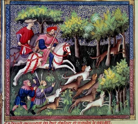 Miniatyrrevejakten fra "" The book of hunting"" av Gaston III Phoebus, greve av Foix, Lord of Bearn (1331-1391)