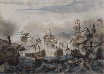 Sjøslaget ved Cape La Hogue i 1692, gravert av Chavanne (farget etsning)