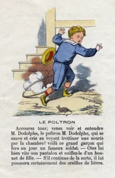 Poltronen. Et barn som leker bøylen skremt av en mus. Smågutter alfabetet. Abecedary har moralsk verdi som inneholder leseøvelser. Epinal avbildning sent på 1800-tallet