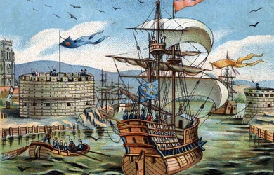 Havnen i Le Havre i 1520. Kromolitografi rundt 1890.