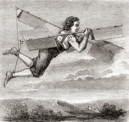 Den påståtte flukten til den franske låsesmeden Jacob Besnier, ved hjelp av et selvdesignet flyapparat, i 1678, fra #39;Les Merveilles de la Science#39;, utgitt ca. 1870 (lito)