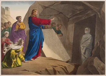 The raising of Lazarus, illustrasjon fra en katekisme LHistoire Sainte, utgitt av Charles Delagrave, Paris, sent på 1800-tallet