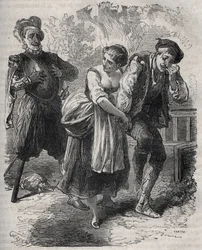 Martin Guerres tilbakekomst (cirka 1524 rundt 1560): han dukket opp foran sin kone, Bertrande de Rols, og den som hadde tilranet seg identiteten hans, bedrageren Arnaud du Tilh (Thil). Gravering fra 1871 i «Histoire Des Cocus Celebres»» av Henry de Kock (1
