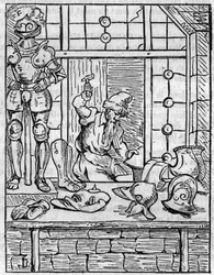Butikken til pansermakeren (panser) på 1500-tallet. I "" Den pittoreske butikken"" 1836