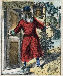 The sick lion and the fox. Fables by Jean de La Fontaine (1621-95). Epinal imaging from the end of the 19th century.