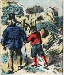 The sick lion and the fox. Fables by Jean de La Fontaine (1621-95). Epinal imaging from the end of the 19th century.
