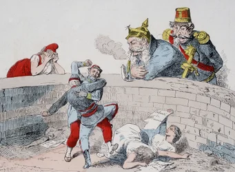 Situasjonen - Gauillaume: Vi må hjelpe gale mennesker, Badingue (Napoleon III): La dem gjøre min bror, det vil være på tide å gripe inn når de (pariserne) har slukt seg selv. Tegneserie om kommunen.