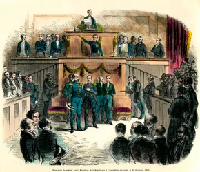 Innsvergelsen av Louis Napoleon III (Louis-Napoleon), som offisielt ble utropt til republikkens president i nasjonalforsamlingen 20. desember 1848. Han lover «å forbli trofast mot den ene og udelelige demokratiske republikk og å oppfylle alle de»