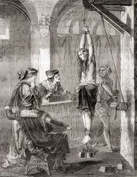 Torturen av en kvinne anklaget for hekseri i middelalderen, fra Les Merveilles de la Science, utgitt ca. 1870