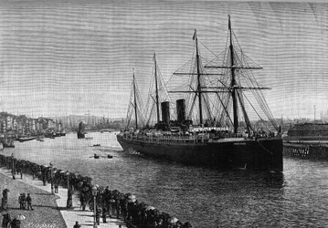 Den transatlantiske rutebåten "" La Gascogne"" i havnen i Le Havre i 1887. Gravering i det berømte tidsskriftet "" La jeunesse""