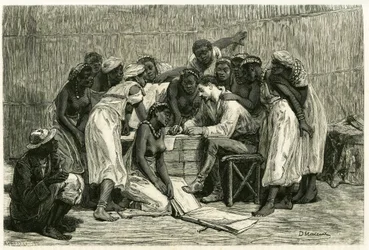 Besøket av dronningene, de seksten konene til kong Sepopo, i Dr. Holubs boks. Gravering av D.Maillard, for å illustrere historien "Au pays des Marutses", i 1875-1879, av Dr. Emile Holub (1847-1902). Publisert i Tour du monde, 2. semester 1883, redigert