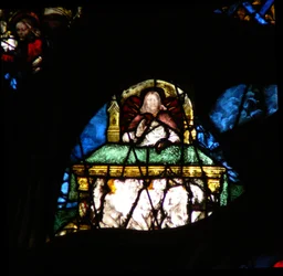 Det vestlige rosevinduet viser en scene fra Åpenbaringsboken: martyrenes sjeler under Kristi alter (6:9 10).