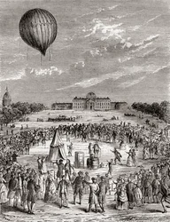 Verdens første hydrogenballong, skutt opp over Champs de Mars, Paris, Frankrike i 1783, fra Les Merveilles de la Science, publisert ca. 1870 (gravering)