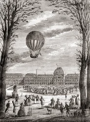 Verdens første bemannede hydrogenballongflyvning over Champs de Mars, Paris, Frankrike 1. desember 1783, pilotert av Nicolas-Louis Robert og professor Jacques Charles, fra Les Merveilles de la Science, utgitt ca. 1870 (gravering)