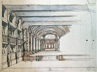 Teaterscene og auditorium med esker, sent på 1600-tallet (penn og blekk og vask på papir)