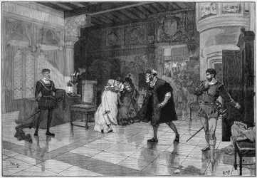 Teaterrepresentasjon: "" Hernani"" av Victor Hugo (1802-1885), akt I scene 3. Paris, Comedie Francaise