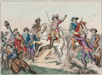 Tretti års krig (1618-1648): Prins Louis II av Bourbon Conde (Bourbon-Conde), kjent som Grand Conde (1621-1686), hertugen av Enghien, hilser liket av greven av Fontaine i slaget ved Rocroi (Rocroy) mot spanjolene, 19. mai