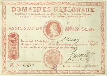 Tusen livre-seddel med et bilde av Ludvig XVI (1754-93) 1790